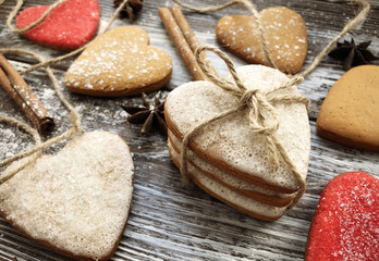 Delicious cookies on the valentine's day. Lovely heart shaped a shortcake dough for valentines. Homemade baking. Flat lay. Top view.