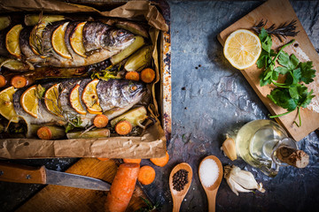 Salmon and ingredients for cooking and seasoning