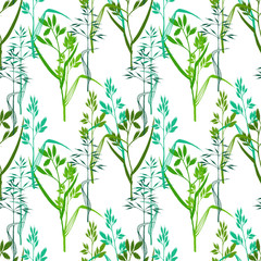 Easter seamless pattern with grass watercolor and hand drawn herbs in sketch style on white background