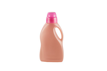 Pink plastic bottle for liquid laundry detergent, cleaning agent.