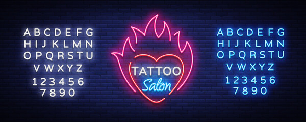 Tattoo salon logo vector. Neon sign, a symbol of heart in the fire, a bright luminous billboard, neon bright advertising on a tattoo theme, for a tattoo salon, studio. Editing text neon sign