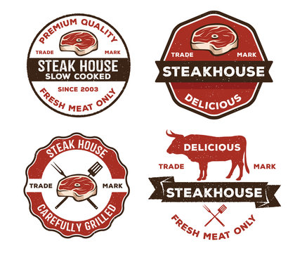 vector vintage badge label of steak house, bistro, beef, restaurant, grilled food and cafe