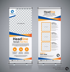 Roll up banner design template, vertical, abstract background, pull up design, modern x-banner, rectangle size. 