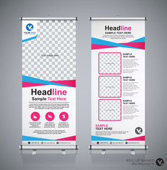 Roll up banner design template, vertical, abstract background, pull up design, modern x-banner, rectangle size. 