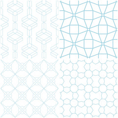 Geometric patterns. Set of blue elements on white. Seamless backgrounds