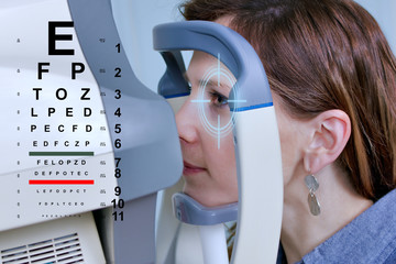 Checking eyesight in a clinic of the future, young girl. Ophthalmology. Future medicine and health...
