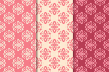 Cherry red floral ornamental designs. Vertical seamless patterns