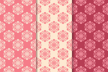 Cherry red floral ornamental designs. Vertical seamless patterns