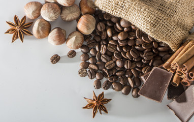 Coffee beans in a canvas bag isolated white background