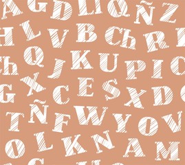 Spanish alphabet, seamless pattern, shading pencil, brown, vector. Spanish alphabet. Hatching white pencil on light brown field. Simulation. Vector decorative background.  