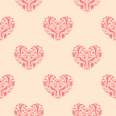 Fototapeta na wymiar Hearts as seamless pattern. Cherry red and beige romantic background