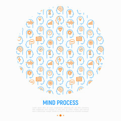 Mind process concept in circle with thin line icons set: intelligence, passion, conflict, innovation, time management, exploration, education, logical thinking. Modern vector illustration.