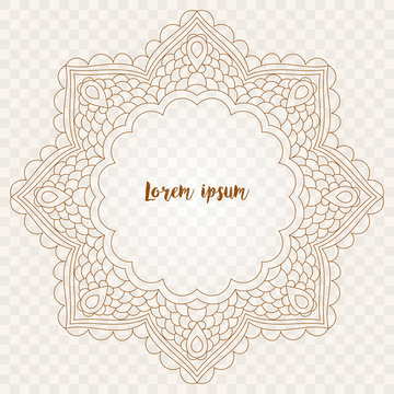 Mandala frame vector isolated illustration on white background. Round floral ornament with decorative foil. Design for fashion banner, tag, photo album, logo, label, greeting card, wedding invitation