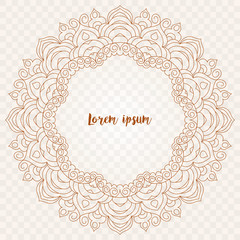 Mandala frame vector isolated illustration on white background. Round floral ornament with decorative foil. Design for fashion banner, tag, photo album, logo, label, greeting card, wedding invitation