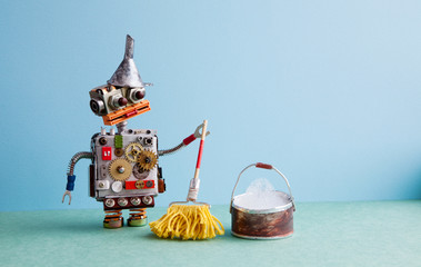 Artificial intelligence cleaning service concept. Robot washer with mop and bucket of water,...