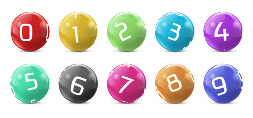 Vector lotto colored balls with numbers. Lottery bingo gambling spheres. Snooker, billiard sport game realistic isolated illustration with reflections on white background.