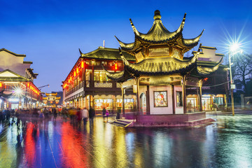 Nanjing Confucius Temple scenic region at night. People are visiting. Located in Nanjing, Jiangsu, China.
