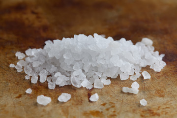 Himalayan Halite salt condiment macro view. Natural mineral flavoring food preservative, Saline...