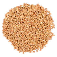 Pile of buckwheat groats on a white background