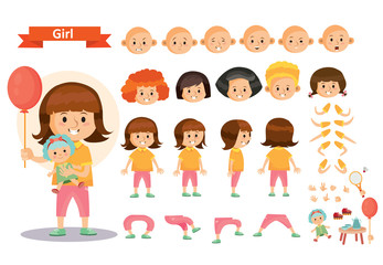 Girl kid playing games and toys vector cartoon child character constructor isolated icons of body parts and face emotions. Construction set for create a young girl child playing doll