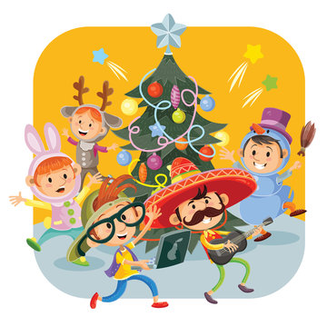 Kids Christmas party with cheerful boys and girls in fancy dresses, dancing around New Year tree, vector cartoon illustration. Children in masquerade costumes having fun at xmas carnival