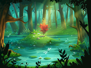 The Scarlet Flower on an island in a swamp in the forest - obrazy, fototapety, plakaty