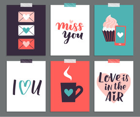 Set of cute romantic templates. Collection of flat illustrations with heart, gift, cupcake, flower, envelope. Modern colors vector design.