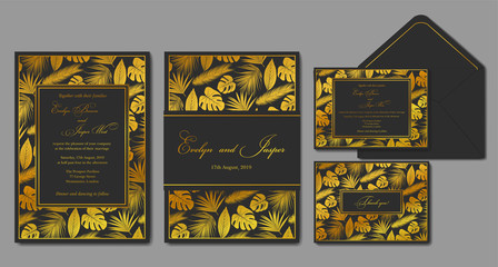 Wedding invite, envelope, rsvp, holiday card. Design with Golden palm leaves on a black background and gold frames in vintage style. Vector