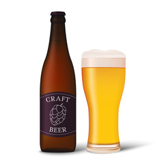 Craft beer. Realistic beer bottle and beer glass isolated on white background. Vector illustration