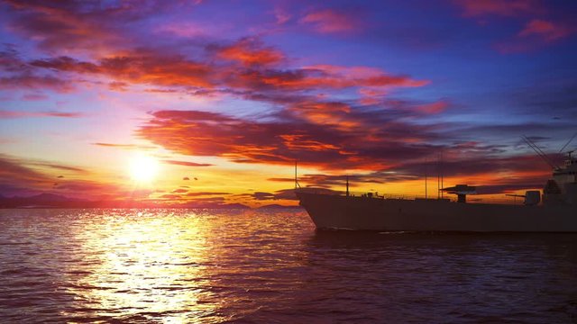American Modern Warship On The Background Of Sunset. 3D Animation.