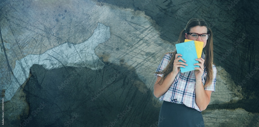 Poster composite image of geeky hipster hiding her face behind notepad