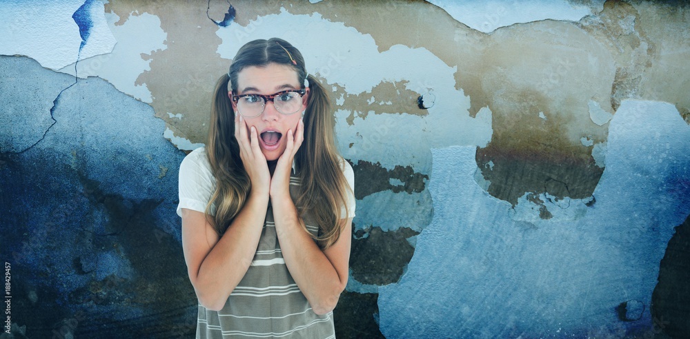 Poster composite image of surprised geeky hipster looking at camera