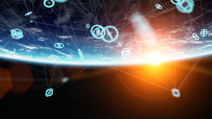 Connections system and datas exchanges on planet Earth 3D rendering