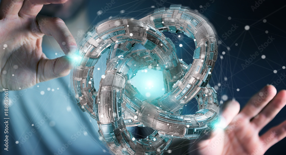 Poster businessman using futuristic torus textured object 3d rendering