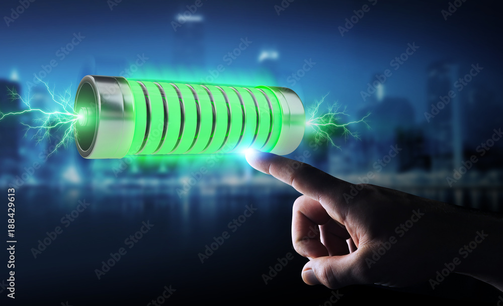 Aufkleber businessman using green battery with lightnings 3d rendering