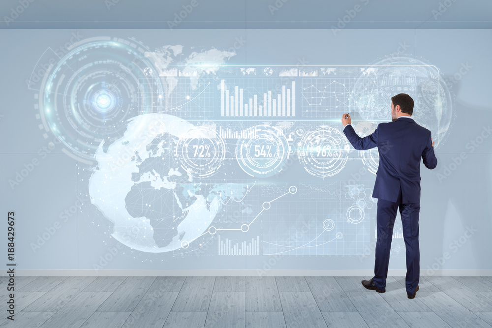 Aufkleber Businessman using graph screens interface on a wall 3D rendering