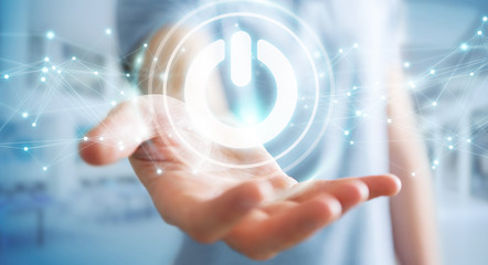 Businessman using 3D render power button with connections