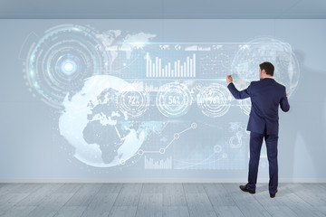 Businessman using graph screens interface on a wall 3D rendering