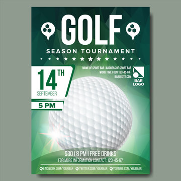 Golf Poster Vector. Banner Advertising. Sport Event Announcement. Ball. A4 Size. Announcement, Game, League Design. Championship Label Illustration