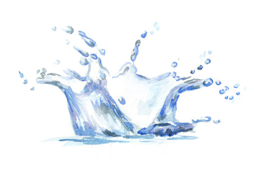 Water splash isolated on white background. Watercolor hand drawn illustration