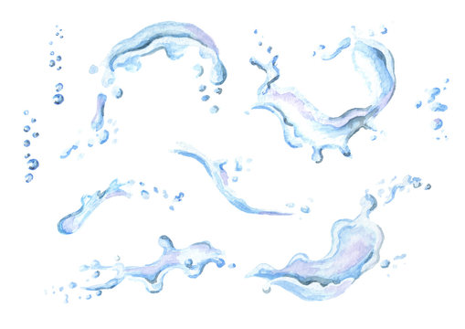 Water splashes set isolated on white background. Watercolor hand drawn illustration