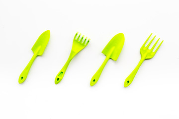 Gardening equipment concept on white background top view