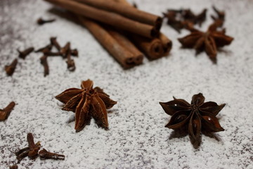 Obraz na płótnie Canvas Cinnamon sticks and anise stars closeup on powdered sugar table. Cooking and baking background. Aromatic condiment and spices. Healthy food ingredients. Cooking decoration. Desserts ingredients.