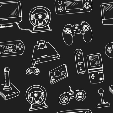 Hand drawn doodle video games seamless pattern