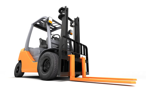 3d rendering massive powerful forklift truck isolated on white background. Left to right direction. Front view. Fish eye