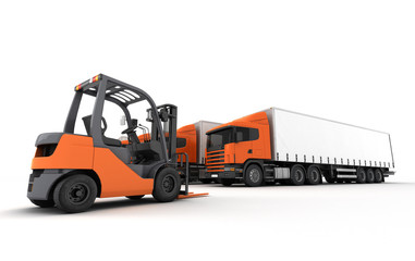 Delivery and logistics concept. Forklift at foreground with group of tilt van trucks at background at warehouse isolated on white background. Front perspective view. 3D illustration