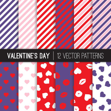 Valentine's Day Patterns with Red, Pink and Purple Stripes, Hearts, Lips and Kisses, Lipstick Marks. Ultra Violet - 2018 Color of the Year. Cute Romantic Backgrounds. Vector Tile Swatches Included.