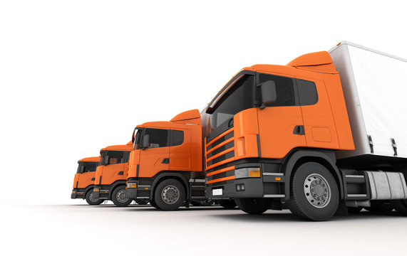 Logistics concept. Group of cargo trucks in row from right to left isolated on white background. Front perspective view. 3D illustration