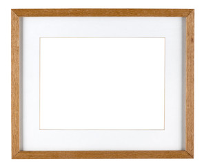 Empty picture frame isolated on white in oak wood