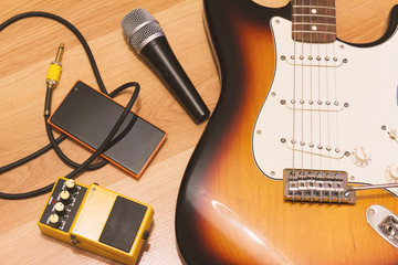 Naklejka premium Set of music objects with electric guitar